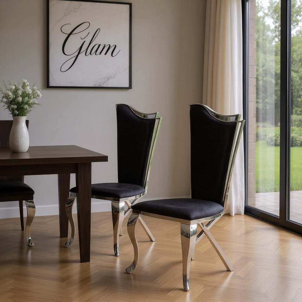 Set of Two Black And Silver Upholstered Fabric Dining Side Chairs