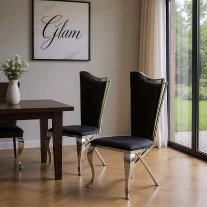 Set of Two Black And Silver Upholstered Fabric Dining Side Chairs