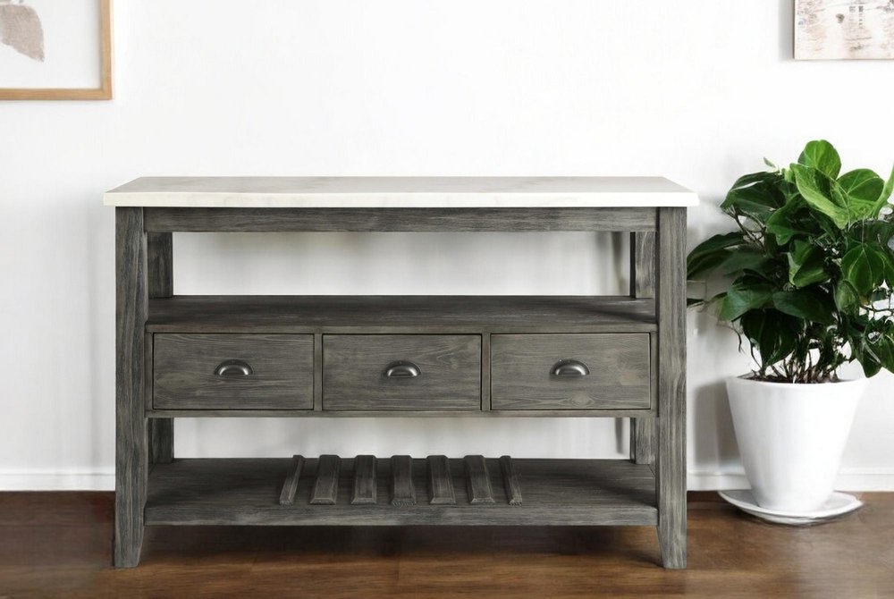 18" X 54" X 36" White Marble Gray Oak Wood Server