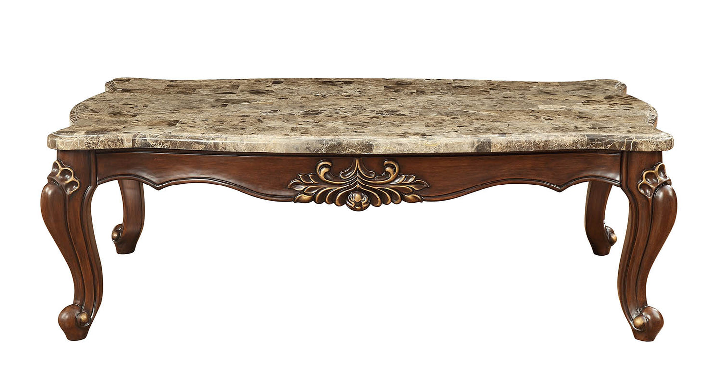 34" Brown And Dark Brown Genuine Marble And Solid Wood Free Form Coffee Table