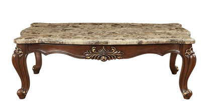 34" Brown and Dark Brown Faux Marble And Solid Wood Free Form Coffee Table