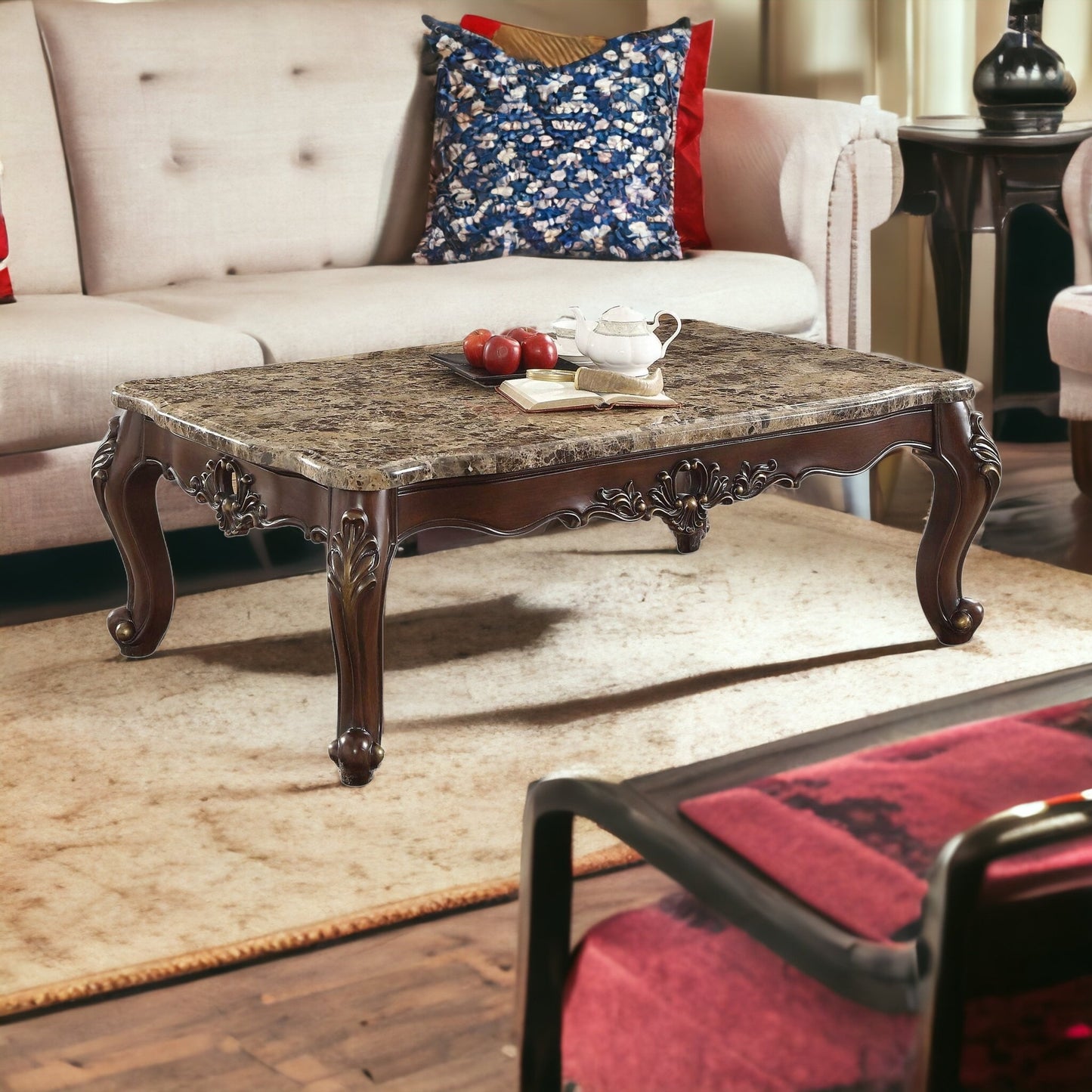 35" X 57" X 20" Marble Champagne Wood Coffee Table