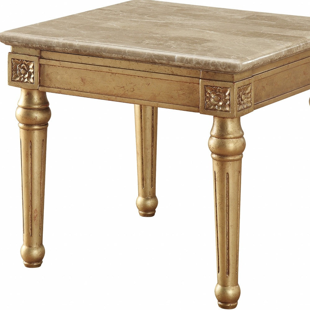 24" Antique Gold And White Faux Marble Square End Table