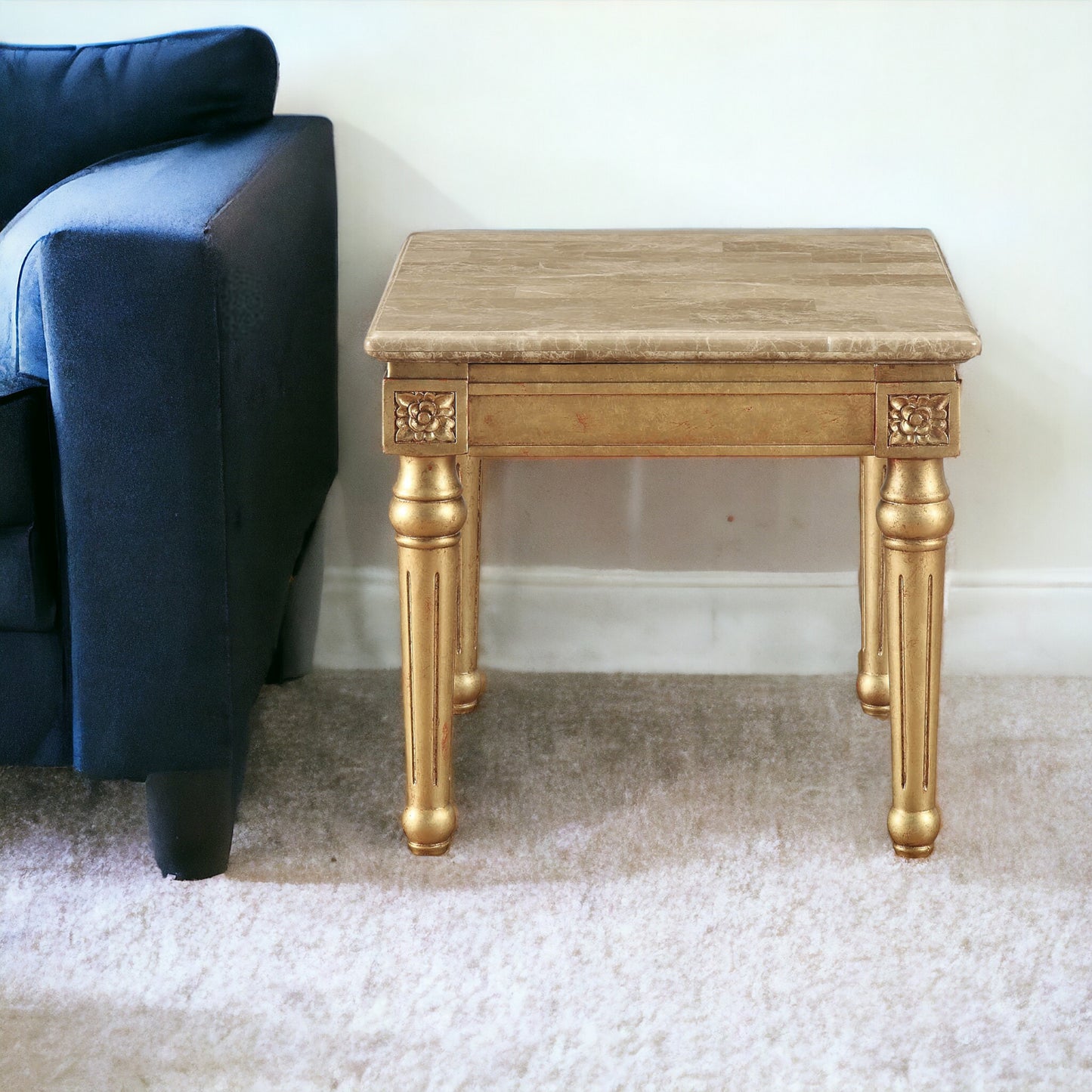 24" Antique Gold And White Faux Marble Square End Table