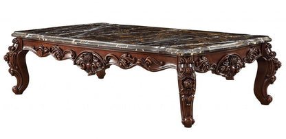 40" Dark Brown and Merlot Genuine Marble And Solid Wood Coffee Table