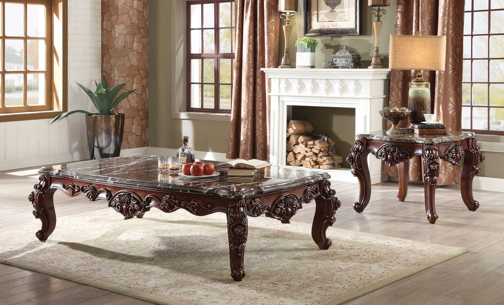 40" Dark Brown and Merlot Genuine Marble And Solid Wood Coffee Table