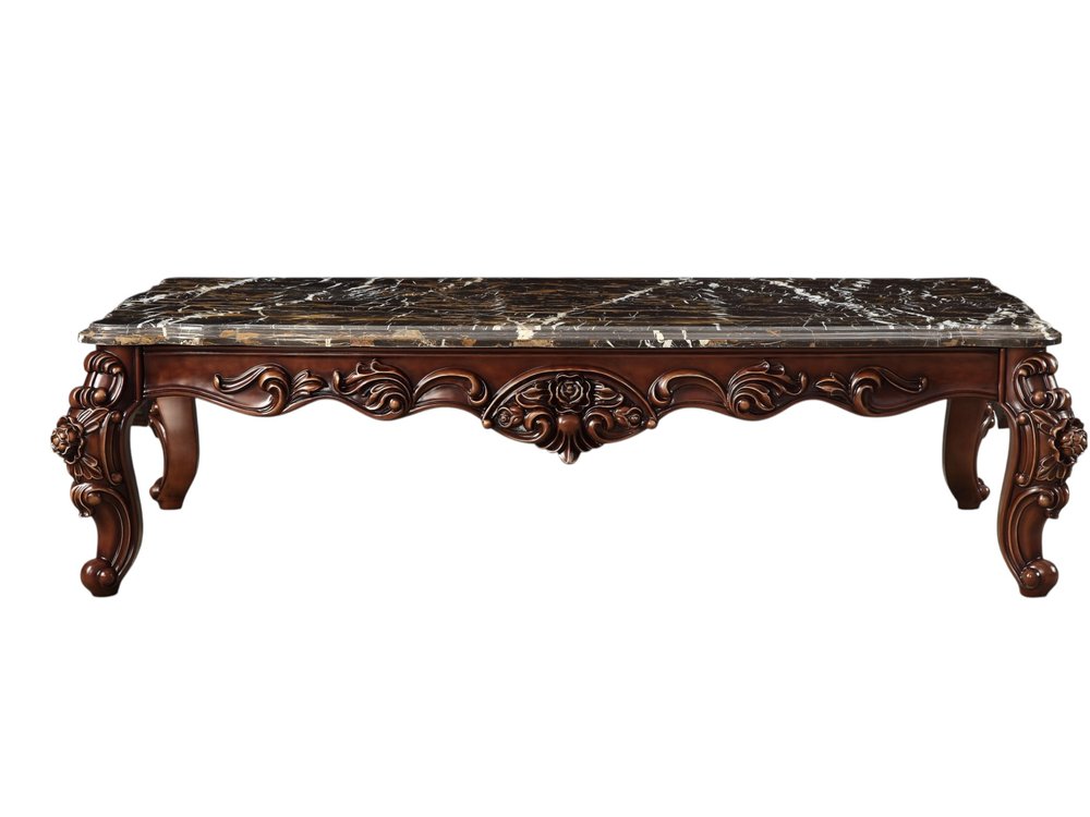 40" Dark Brown and Merlot Genuine Marble And Solid Wood Coffee Table