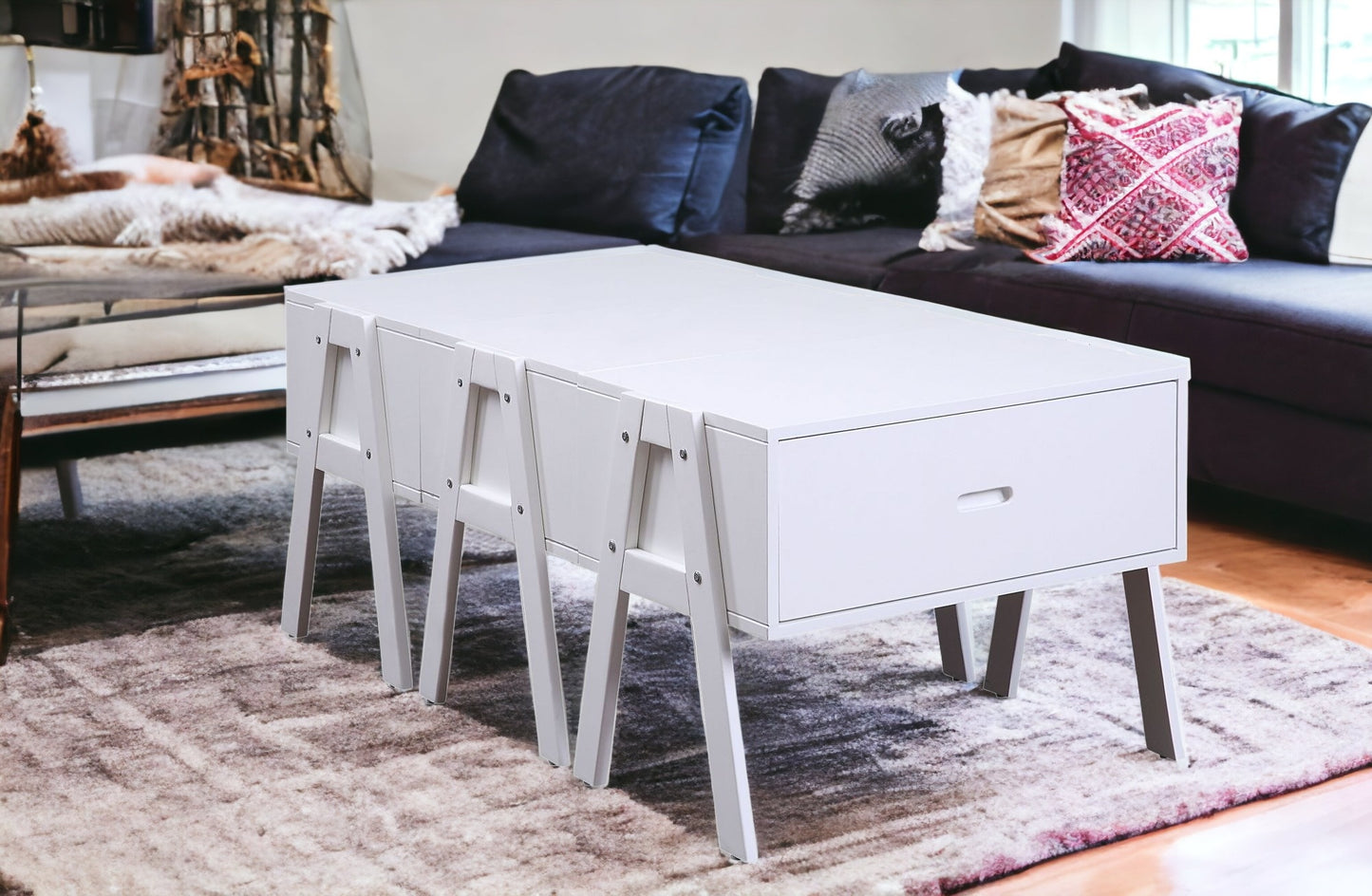 Sleek White Rectangular Convertible Coffee Table