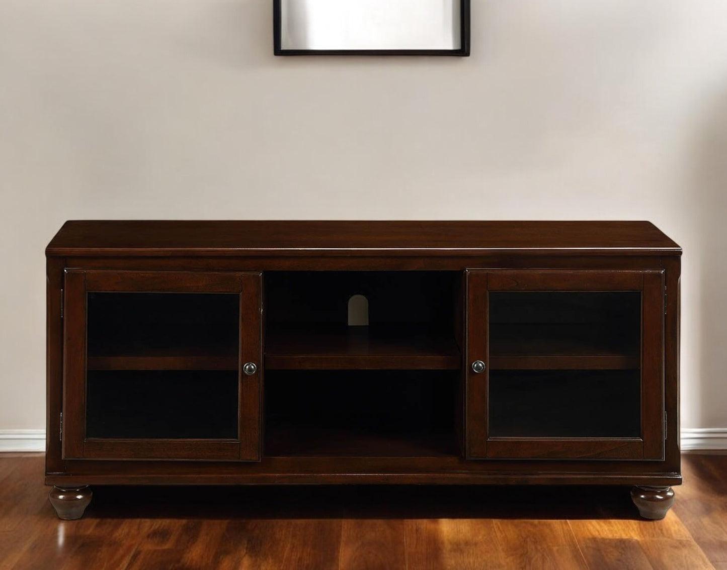 58" Brown Enclosed And Open Storage Wood And Glass TV Stand