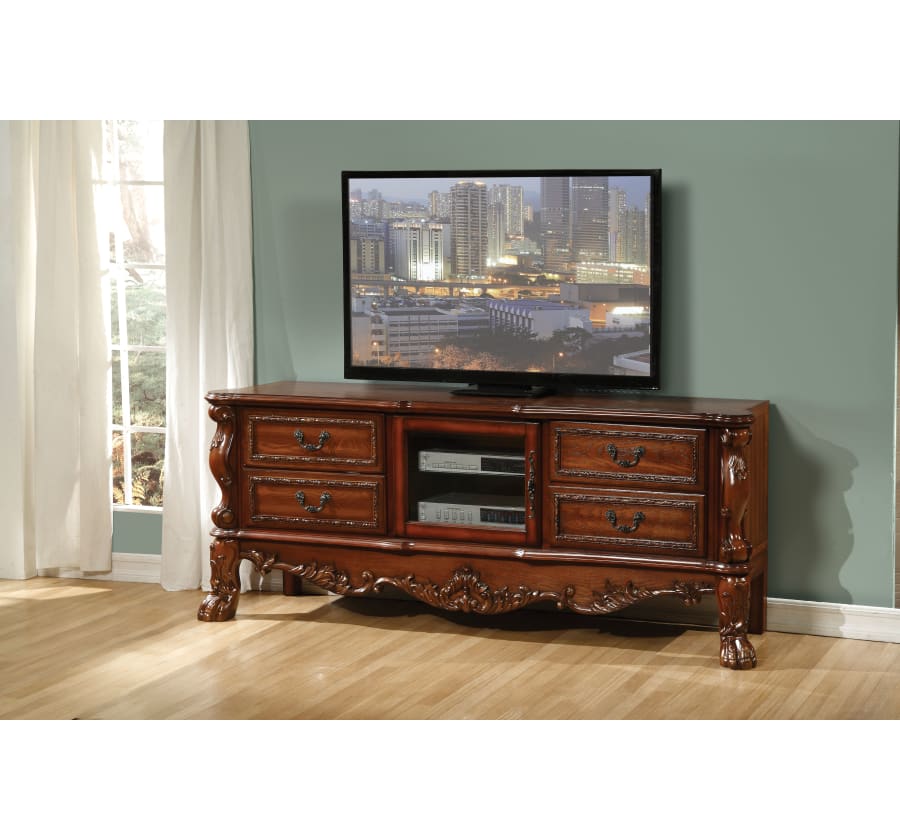 19" X 79" X 31" Cherry Oak Wood Poly Resin Glass Tv Console