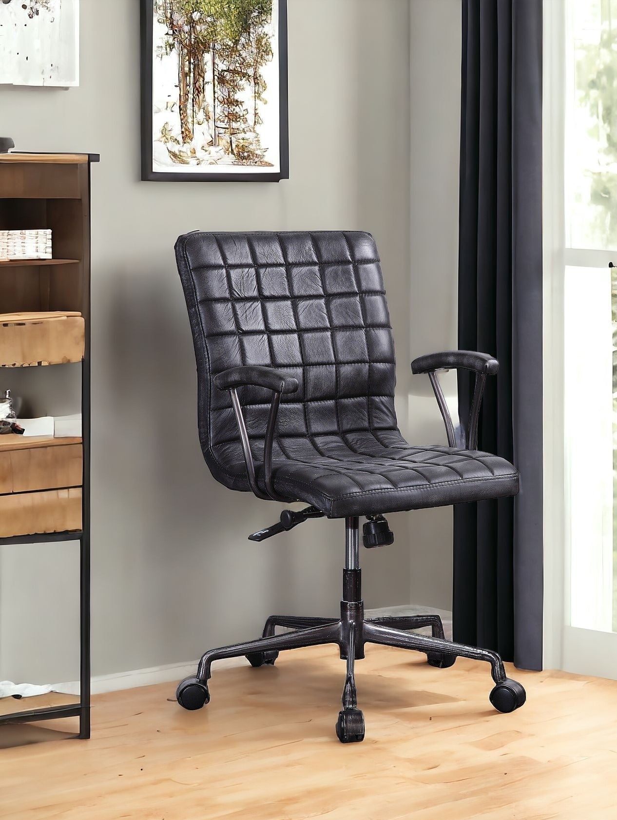 24" X 25" X 36" Vintage Black Top Grain Leather Aluminum Metal Upholstered (Seat) Casters Engineered Wood Executive Office Chair