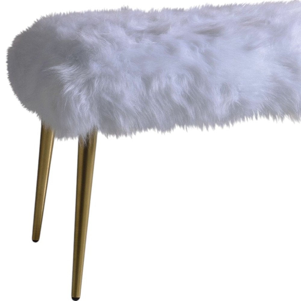 18" White and Gold Faux Fur And Metal Bench