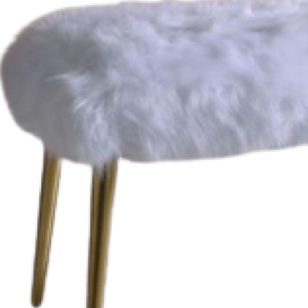 18" White and Gold Upholstered Faux Fur Bench