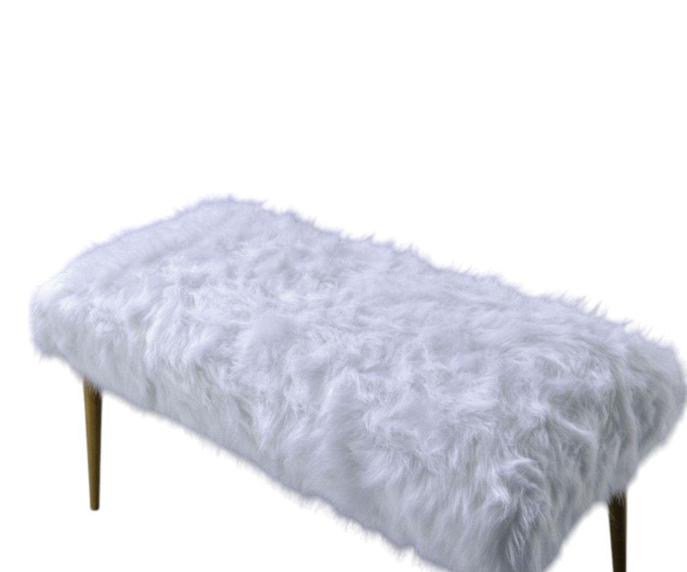 18" White and Gold Faux Fur And Metal Bench