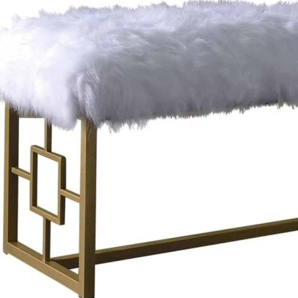 38" White And Gold Faux Fur And Steel Upholstered Bench
