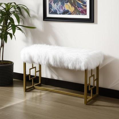 18" White and Gold Faux Fur And Metal Bench