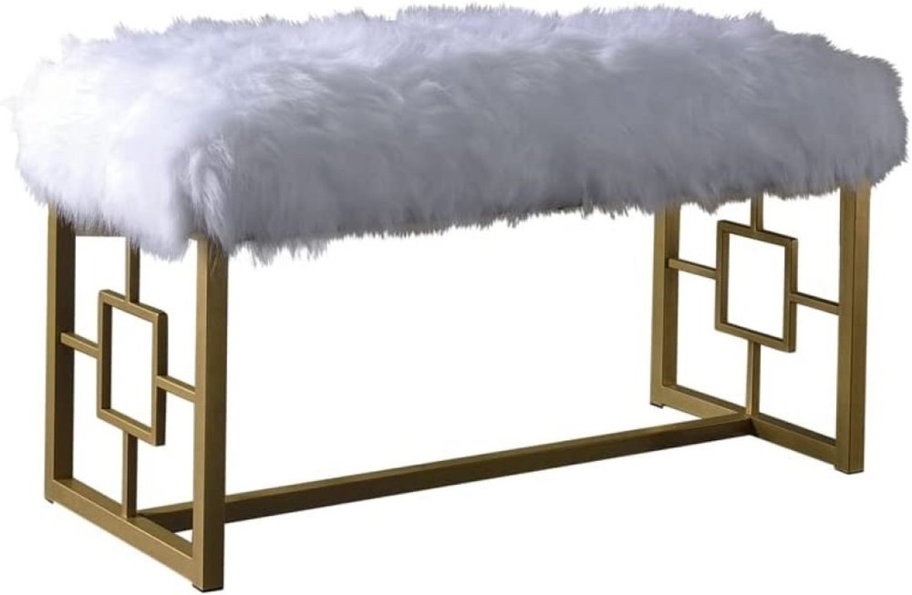 18" White and Gold Faux Fur And Metal Bench