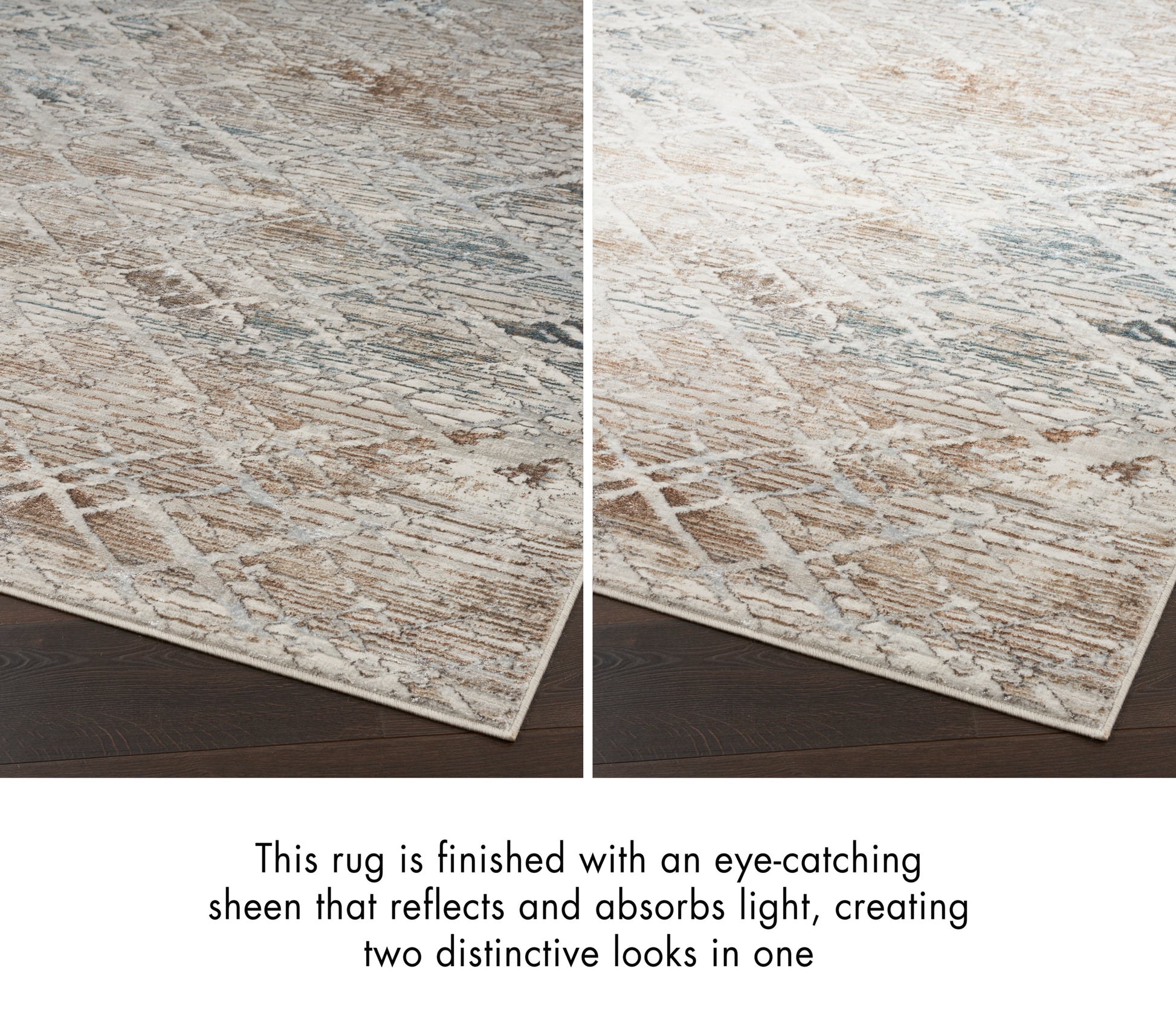 Beige abstract rug with soft gray tones and a glossy sheen; double-panel view shows two looks in one.