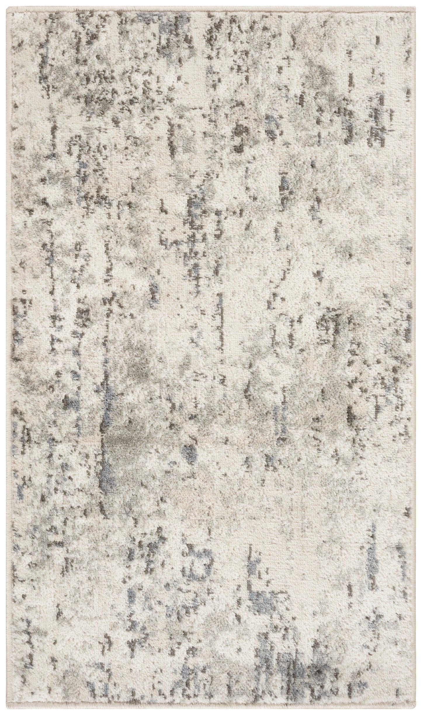 Rectangular abstract distressed rug in ivory with gray-beige mottling; modern, low-pile rug.