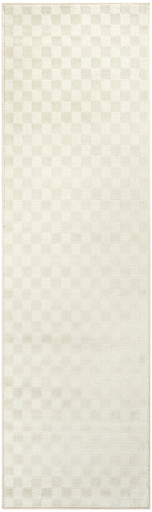Cream checkerboard textured runner rug with soft plush pile and subtle border.