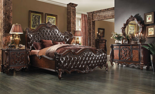 88" X 101" X 76" 2-Tone Dark Brown Pu Cherry Oak Wood Poly Resin Upholstery California King Bed