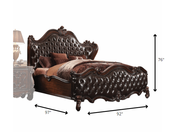 King Tufted Dark Brown Upholstered Faux Leather Bed With Nailhead Trim