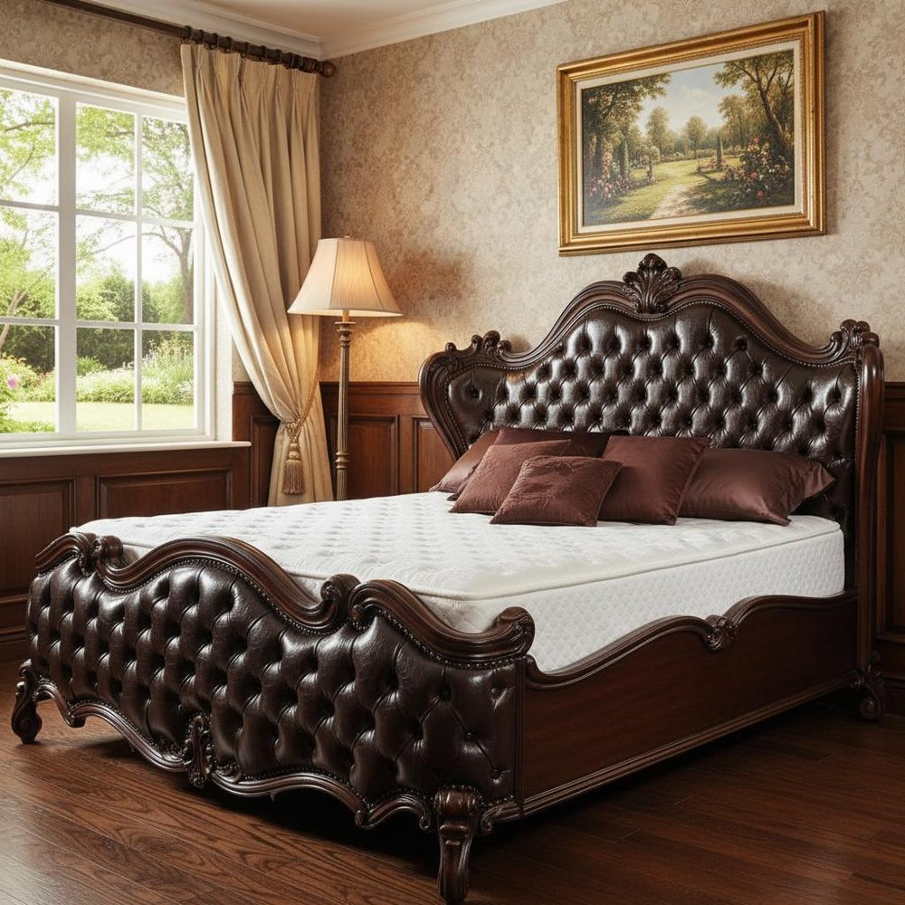 Solid Wood Queen Tufted Dark Brown Upholstered Faux Leather Bed With Nailhead Trim