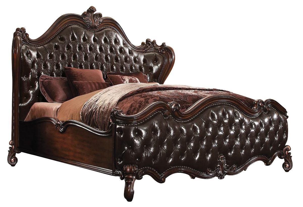 King Tufted Dark Brown Upholstered Faux Leather Bed With Nailhead Trim