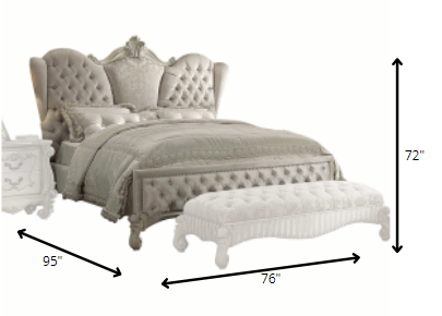 Ivory Solid Wood Queen Tufted Upholstered Velvet Bed Frame with Nailhead Trim