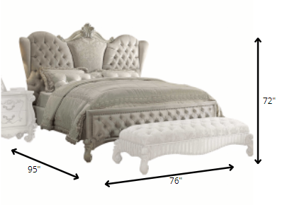 Solid Wood Queen Tufted Ivory Upholstered Velvet Bed With Nailhead Trim