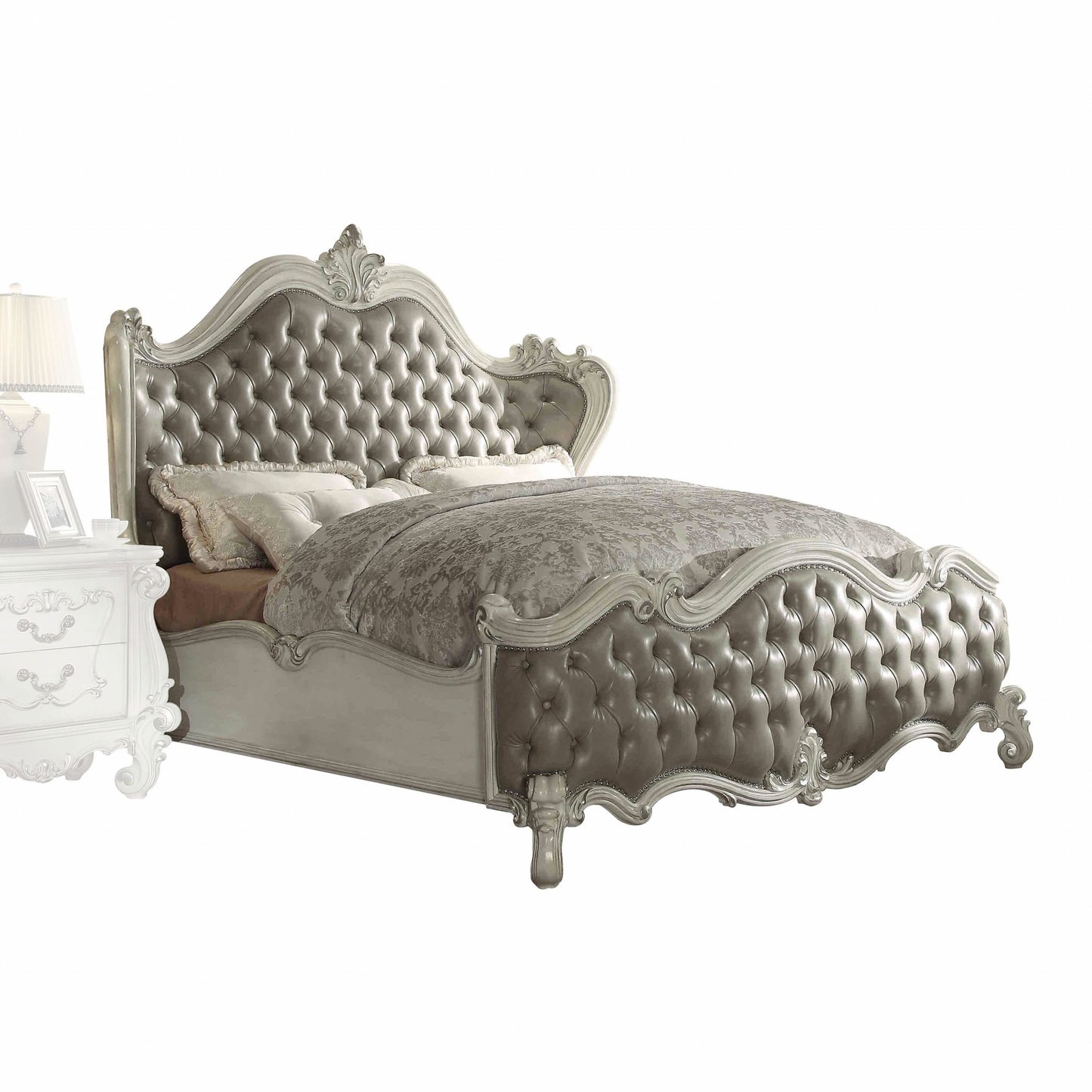 King Tufted Ivory And Gray Upholstered Faux Leather Bed With Nailhead Trim