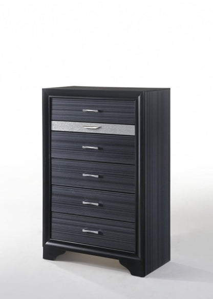 34" Black And Silver Faux Crystal Bling Solid Wood Six Drawer Dresser