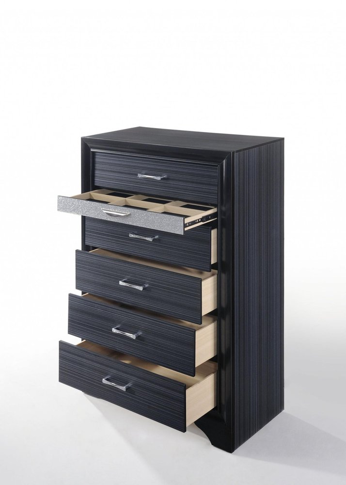 34" Black And Silver Faux Crystal Bling Solid Wood Six Drawer Dresser