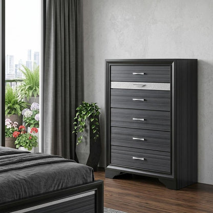 34" Black And Silver Faux Crystal Bling Solid Wood Six Drawer Dresser