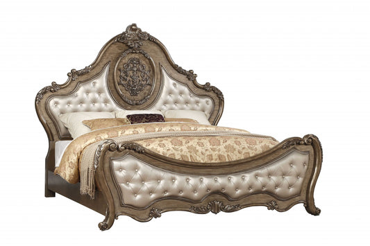 Oak and Bronze Solid Wood King Tufted Upholstered Faux Leather Bed Frame with Nailhead Trim