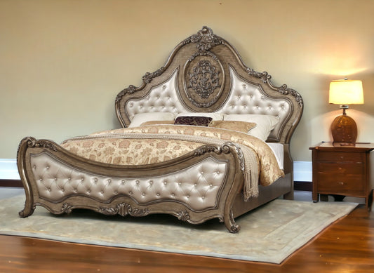 Oak and Bronze Solid Wood King Tufted Upholstered Faux Leather Bed Frame with Nailhead Trim