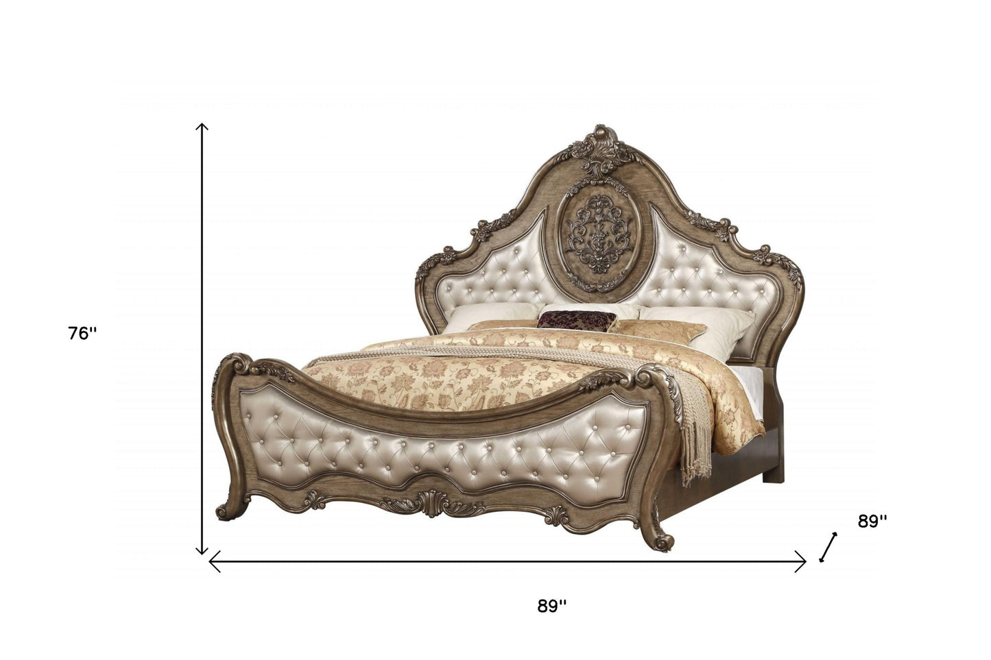 89" X 89" X 76" Pu Vintage Oak Wood Upholstery King Bed