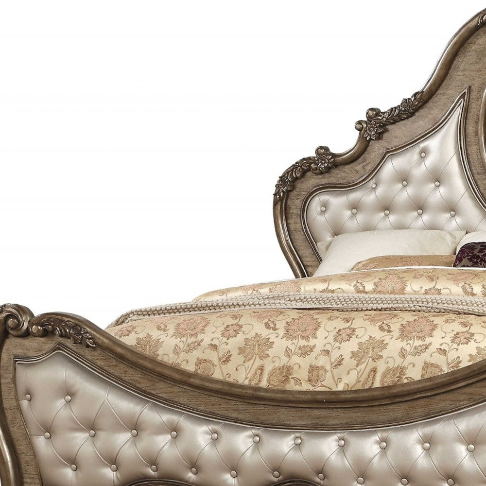 Oak and Bronze Solid Wood King Tufted Upholstered Faux Leather Bed Frame with Nailhead Trim