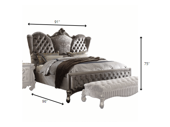 King Tufted Gray And Gray and Black Upholstered Velvet Bed With Nailhead Trim