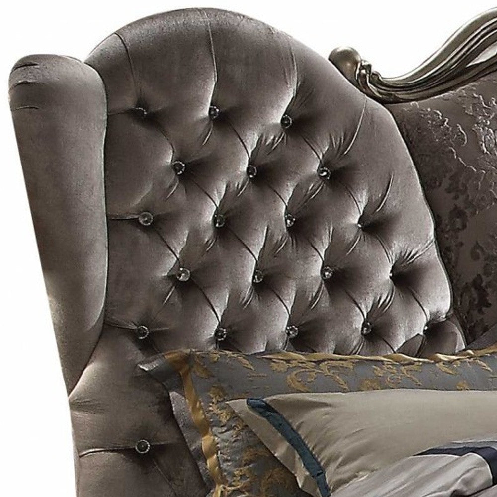 Queen Tufted Gray And Gray and Black Upholstered Velvet Bed With Nailhead Trim