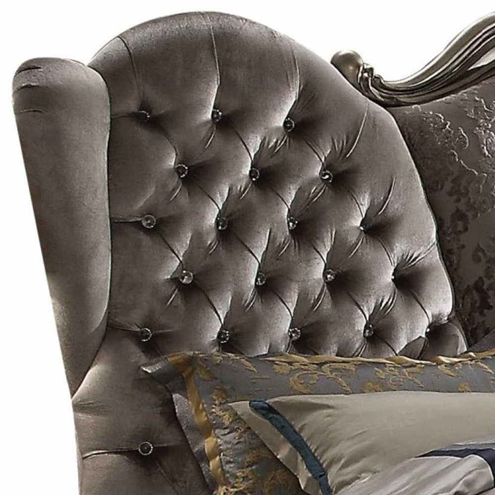 Queen Tufted Gray And Gray and Black Upholstered Velvet Bed With Nailhead Trim