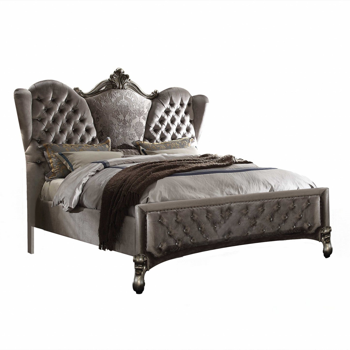 King Tufted Gray And Gray and Black Upholstered Velvet Bed With Nailhead Trim