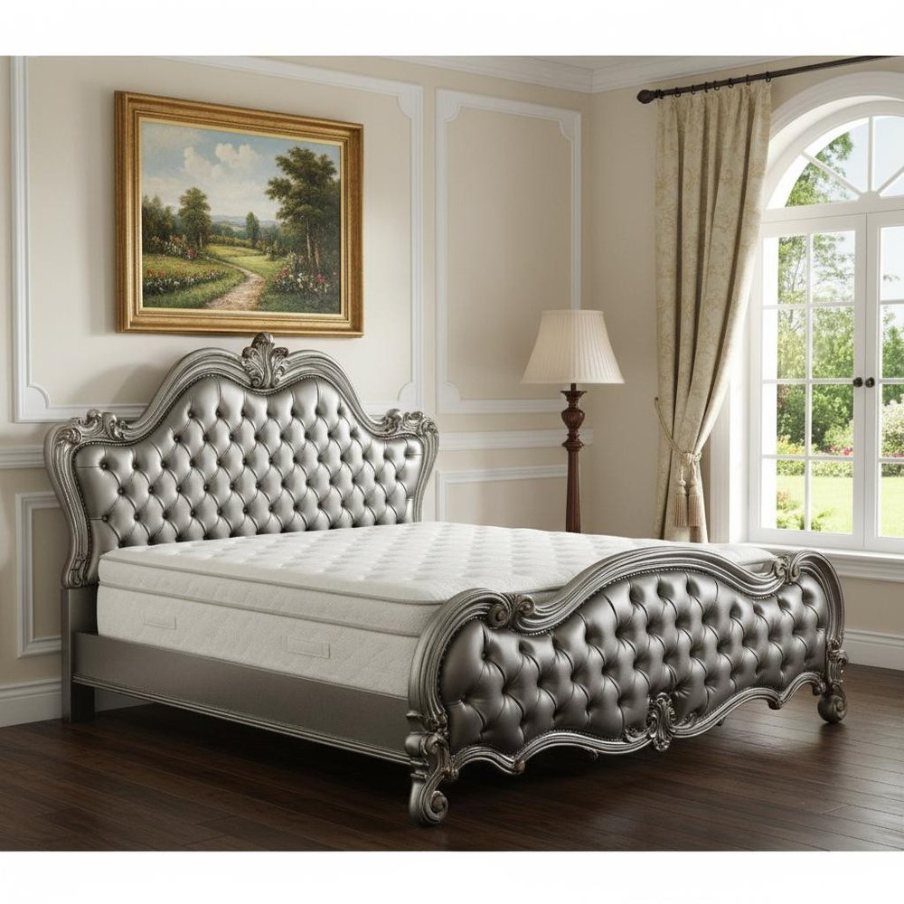 Luxurious silver tufted bed with ornate carved frame in a beige-paneled room, landscape painting, lamp, and large window.
