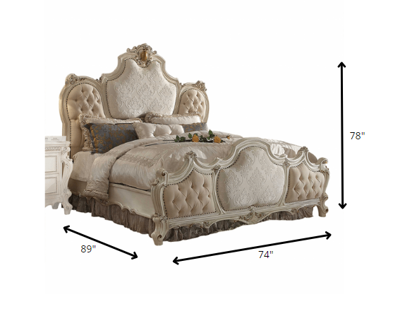 King Tufted Beige Upholstered 100% Polyester Bed With Nailhead Trim