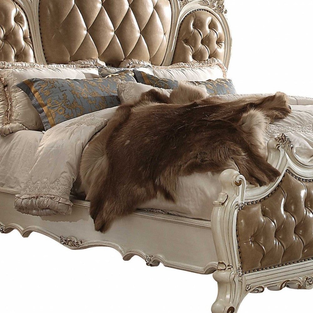 Queen Tufted Beige Upholstered Faux Leather Bed With Nailhead Trim