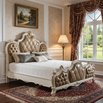 Pearl King Tufted Upholstered Faux Leather Bed Frame with Nailhead Trim