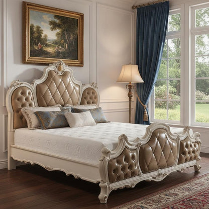 Pearl King Tufted Upholstered Faux Leather Bed Frame with Nailhead Trim