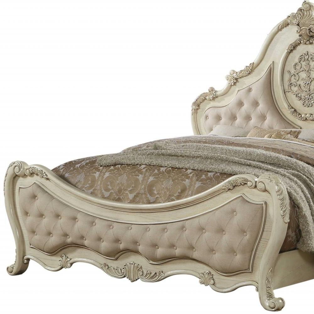 Antiqued White Solid Wood Tufted Upholstered Linen Bed Frame