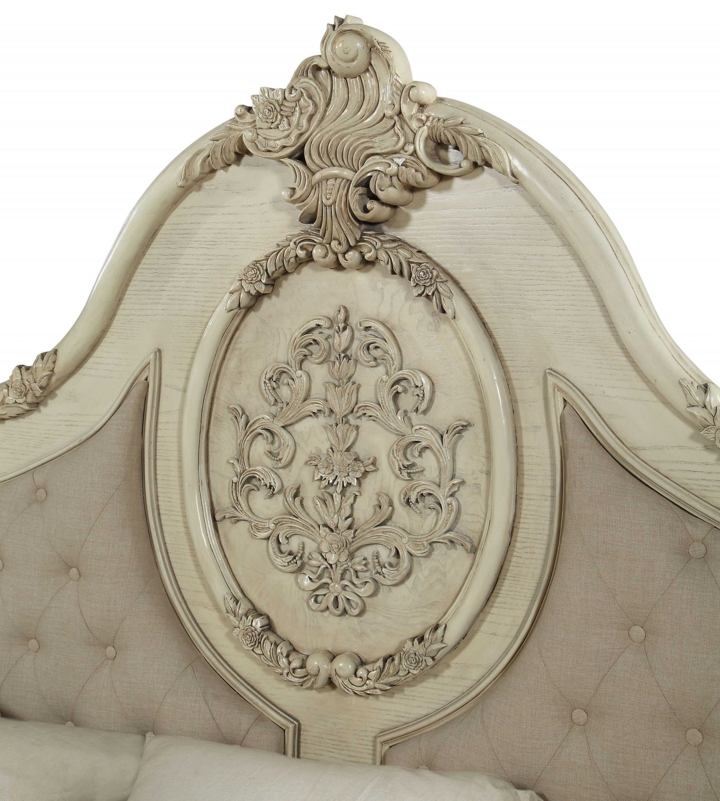 Antiqued White King Tufted Upholstered Linen Bed Frame with Nailhead Trim