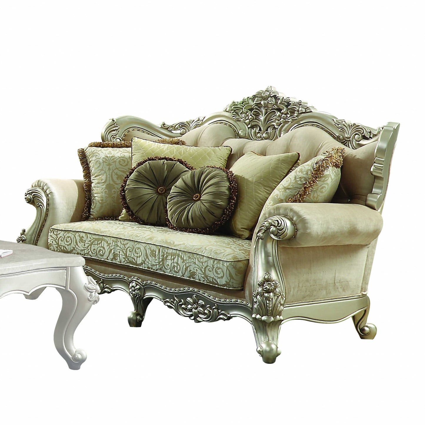 72" Green And Light Green Polyester Blend Damask Chesterfield Loveseat and Toss Pillows